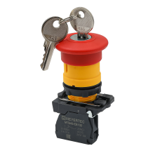 Кнопка грибовидная аварийной остановки с ключом, красная, 40 мм, возврат поворотом с фиксацией, 1NC, IP65, пластик